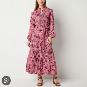 Ryegrass Long Sleeve Pink Floral Maxi Dress Cotton Sz L NWT